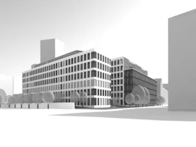 Pohled na budoucí areál Nejvyššího kontrolního úřadu s depozitářem Parlamentní knihovny a Archivu Poslanecké sněmovny