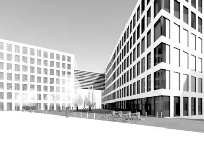 Pohled na budoucí areál Nejvyššího kontrolního úřadu s depozitářem Parlamentní knihovny a Archivu Poslanecké sněmovny (objekt vpravo)