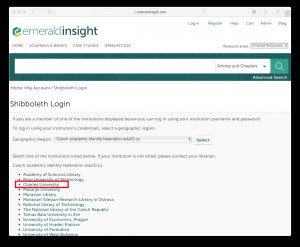 Ukázka přihlášení účtem z Univerzity Karlovy u Emerald alt obrázku